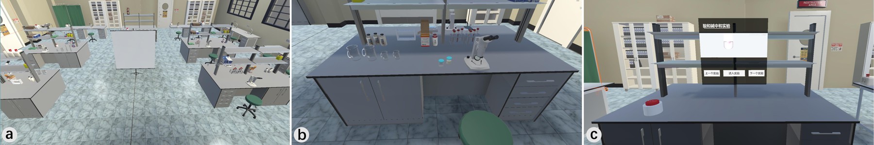 ChemistryVR laboratory layout, experimental apparatus and interactive procedure manuals.