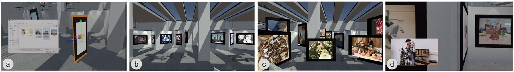 MemoryVR interfaces for adding media, personal museum environments and a visitor using VR.
