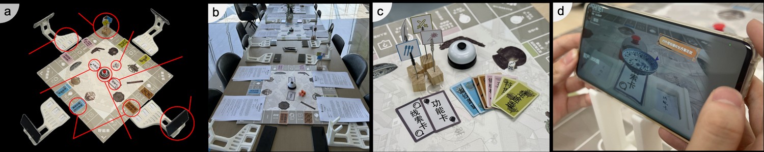 Mu-nopoly board game materials and an augmented reality view.