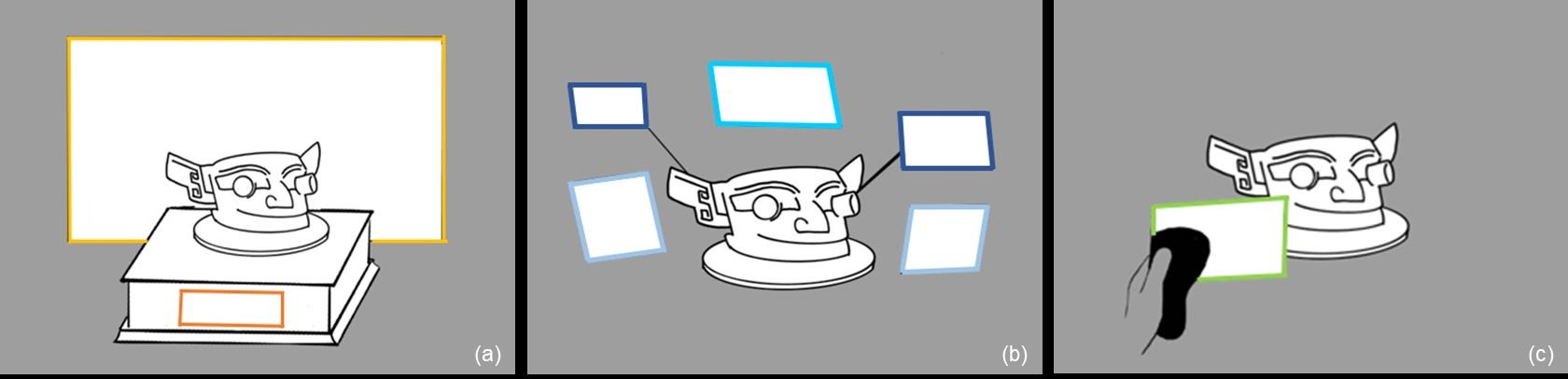 Three text layout approaches: panels fixed in the environment, attached to an artifact and held by a visitor.