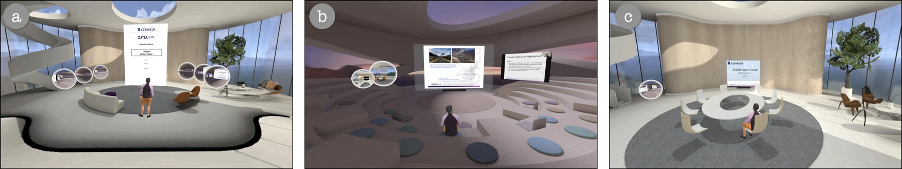 Exploratory virtual classroom scenes showing a welcome space with topic portals, a lecture hall and a discussion room.