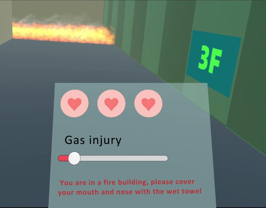 First-person view of the VR fire-escape training environment.