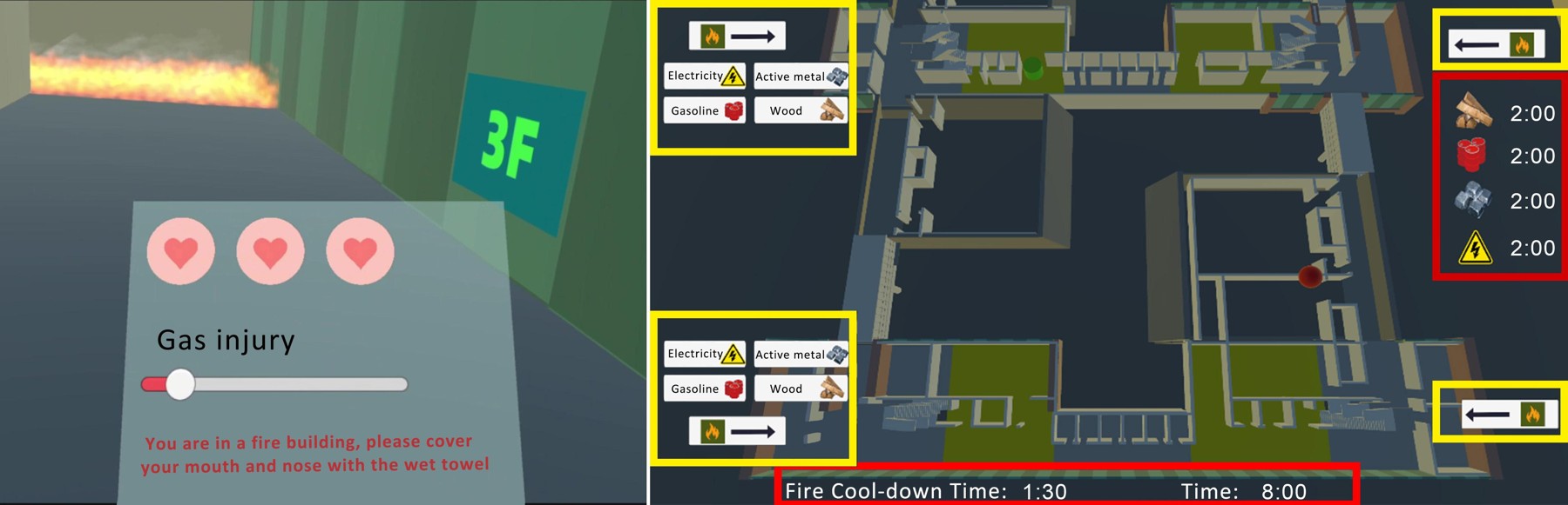 Fire-escape training interfaces showing the VR actionist’s perspective and the desktop strategist’s controls.